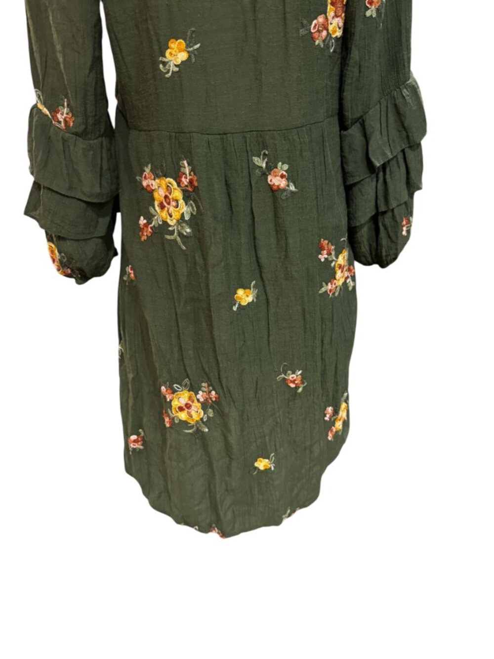 Fig & Flower Embroidered Boho Midi Dress Green Floral Ruffle Sleeve Large - Picture 7 of 7